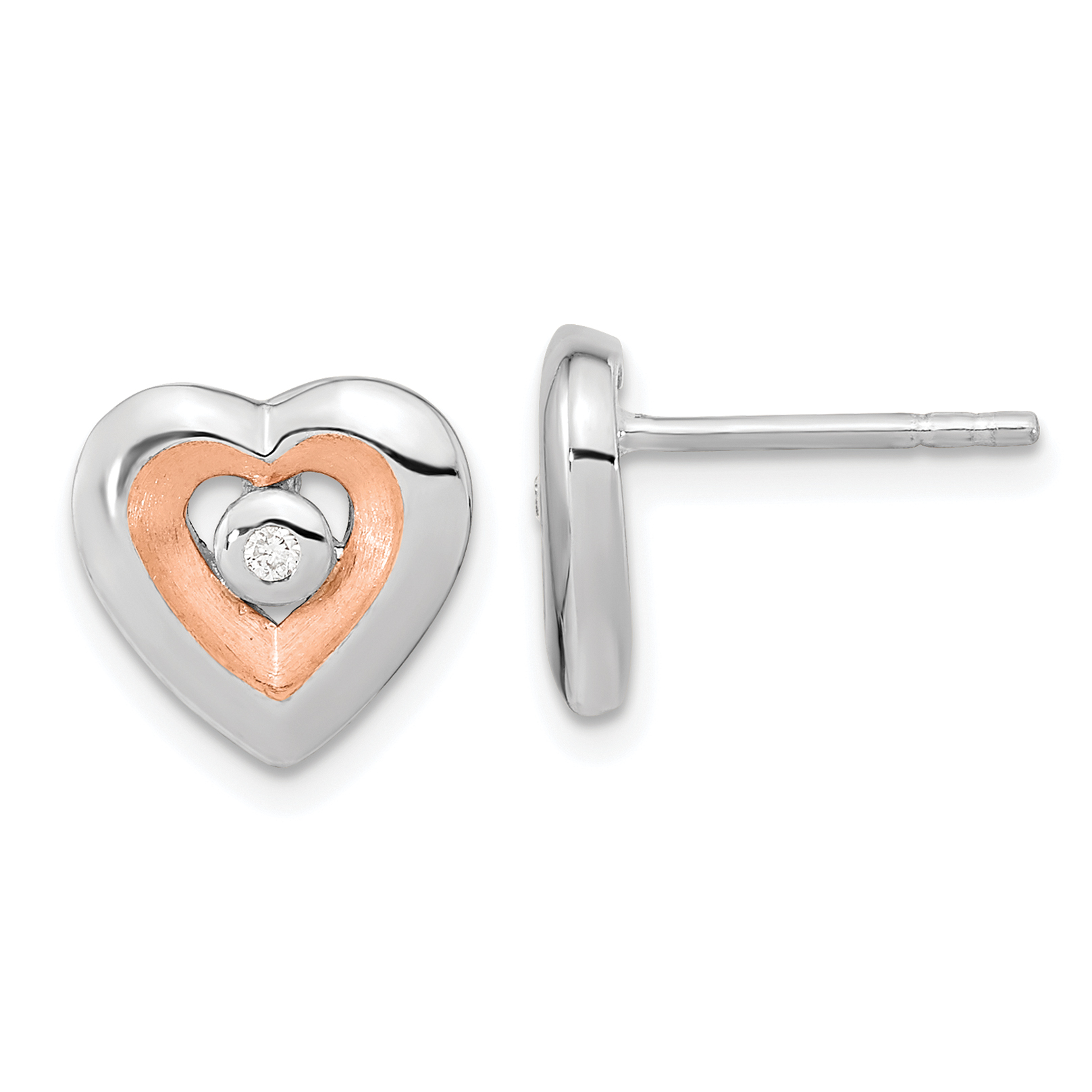 Sterling Silver RH-plated & Rose Gold-plated Diamond Heart Post Earrings (QE15649)