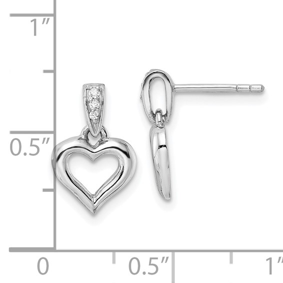 Sterling Silver RH Polished CZ Heart Post Dangle Earrings