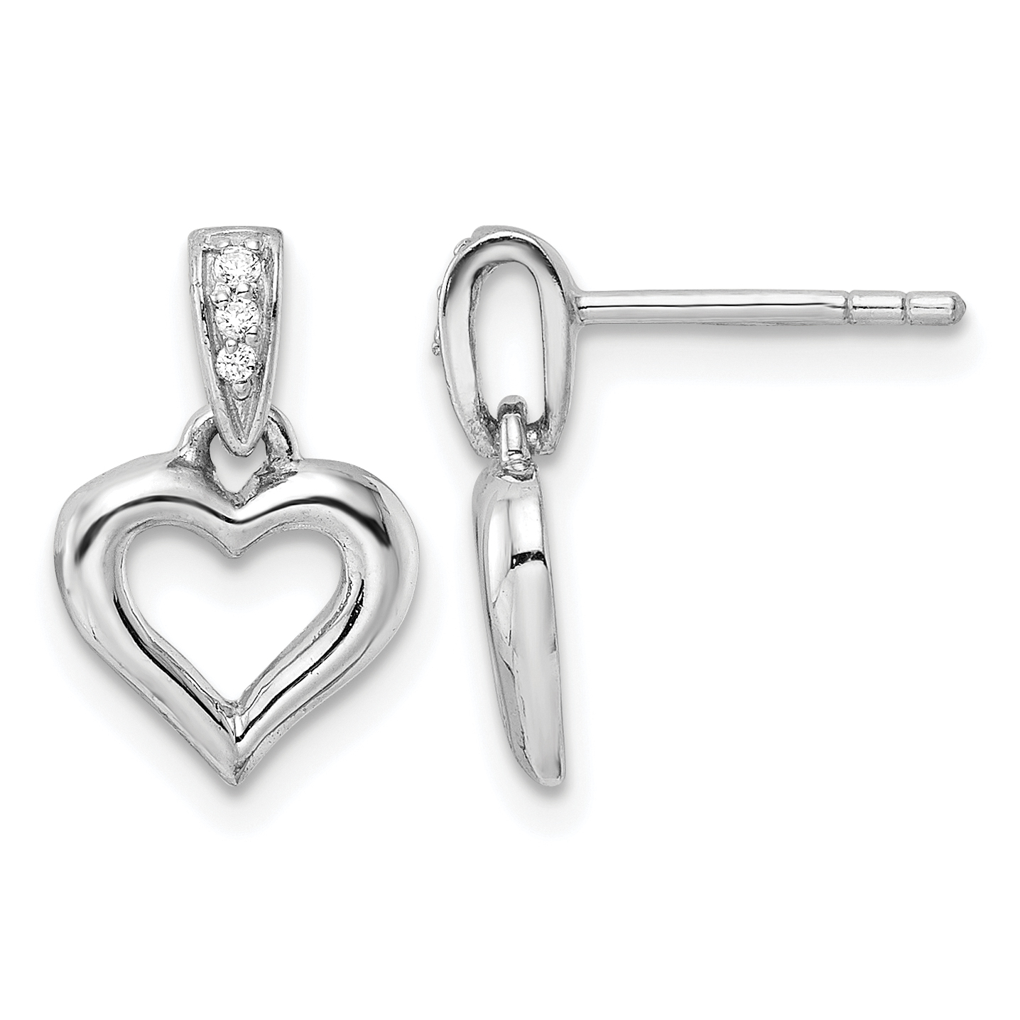 Sterling Silver RH Polished CZ Heart Post Dangle Earrings (QE15650)