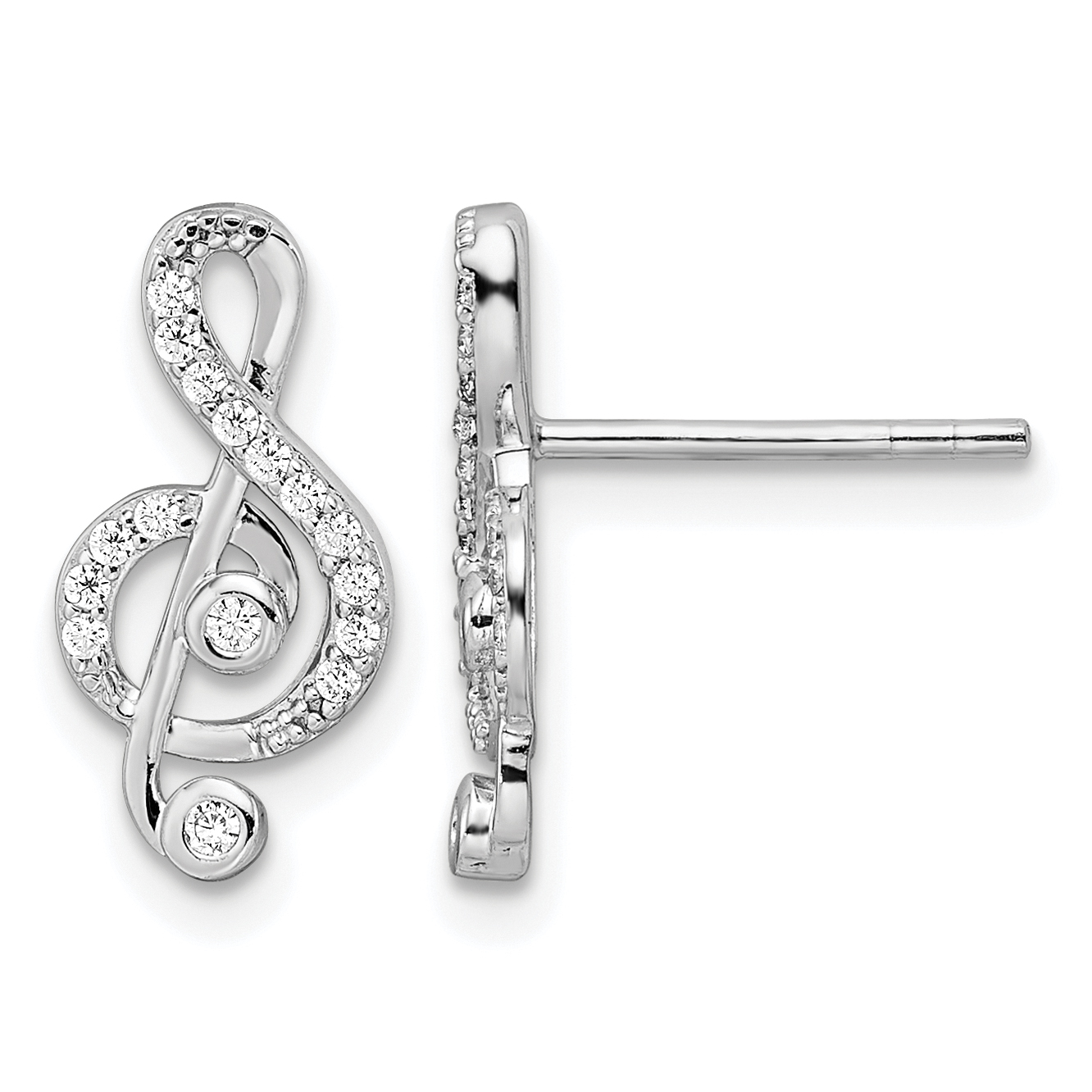 Sterling Silver Rhodium-plated CZ Treble Clef Post Earrings (QE15653)
