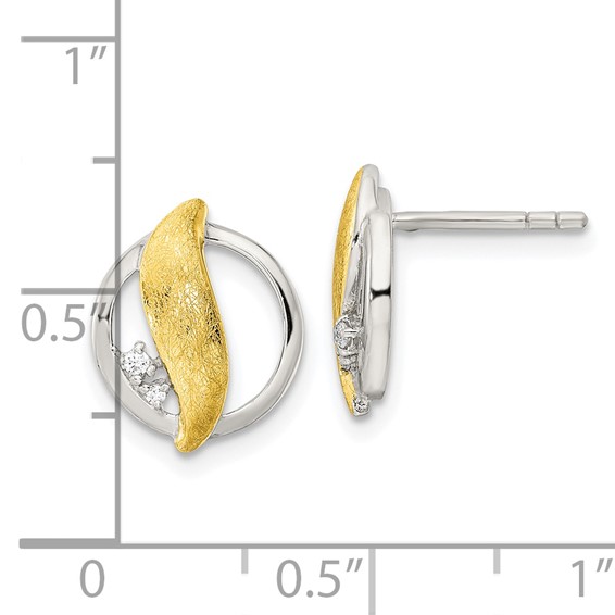 Sterling Silver Rh-pltd Gold-tone Polished/Brushed CZ Circle Post Earrings