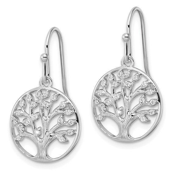 Sterling Silver Rhodium-plated Dangle Polished CZ Tree of Life Earrings