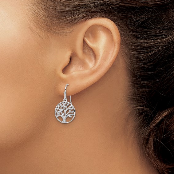 Sterling Silver Rhodium-plated Dangle Polished CZ Tree of Life Earrings