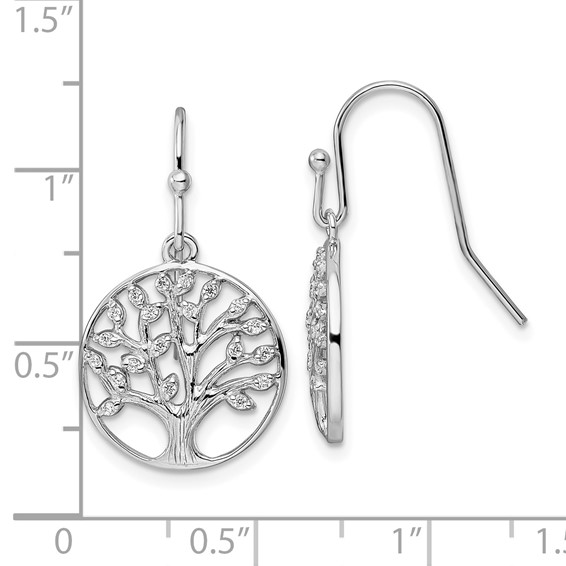 Sterling Silver Rhodium-plated Dangle Polished CZ Tree of Life Earrings