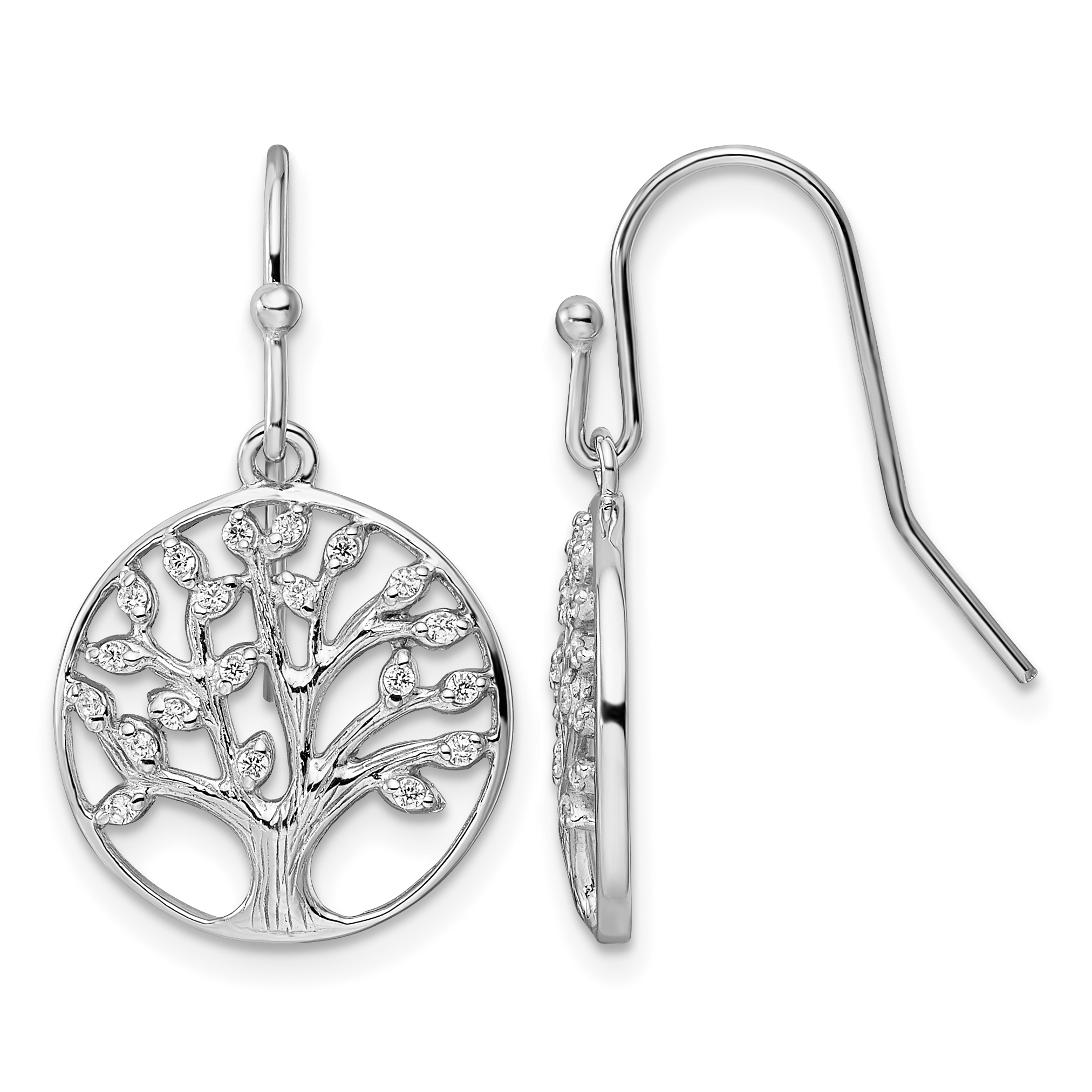 Sterling Silver Rhodium-plated Dangle Polished CZ Tree of Life Earrings (QE15660)