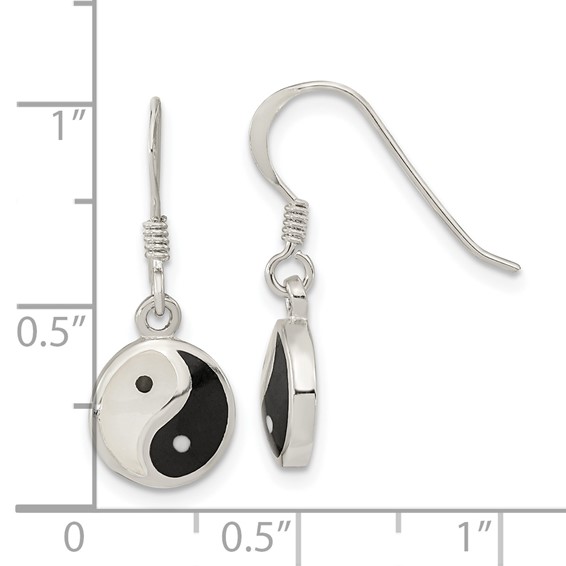 Sterling Silver Rhod-pltd MOP/Black Resin Yin Yang Dangle Earrings