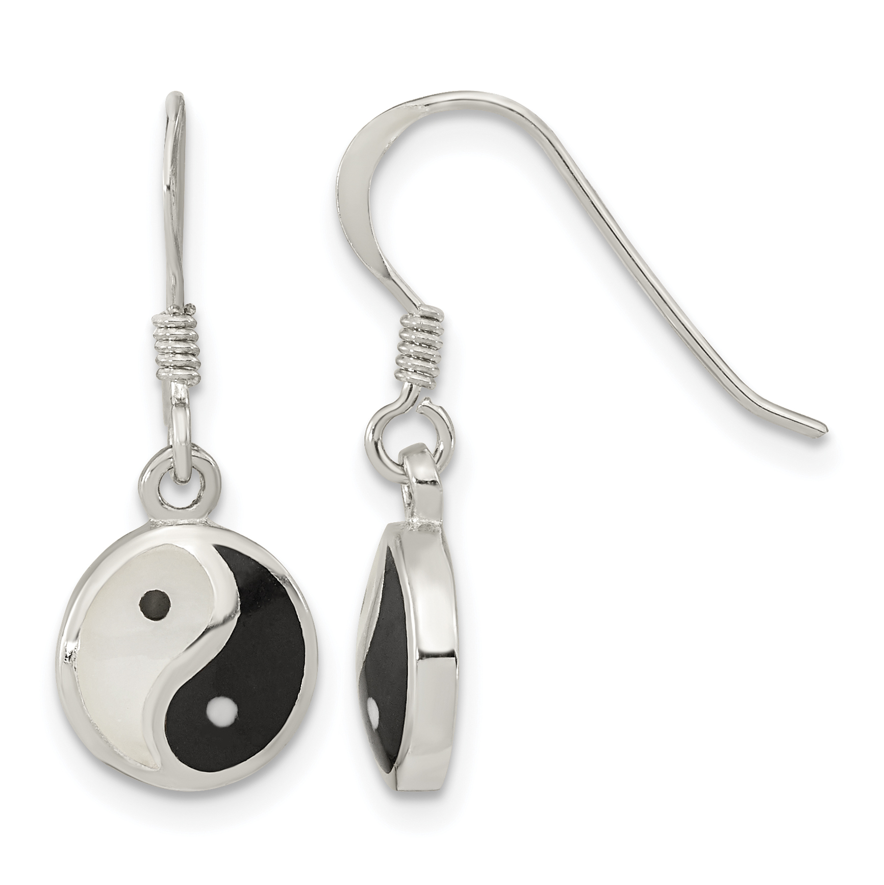 Sterling Silver Rhod-pltd MOP/Black Resin Yin Yang Dangle Earrings (QE15661)
