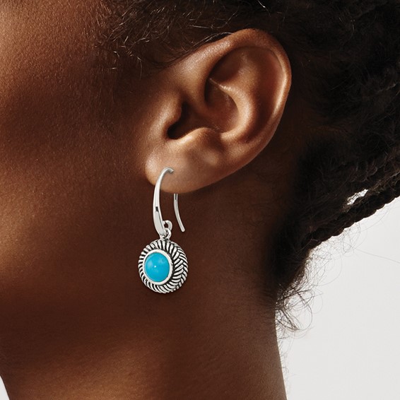 Sterling Silver Polished & Antiqued Imitation Turquoise Dangle Earrings