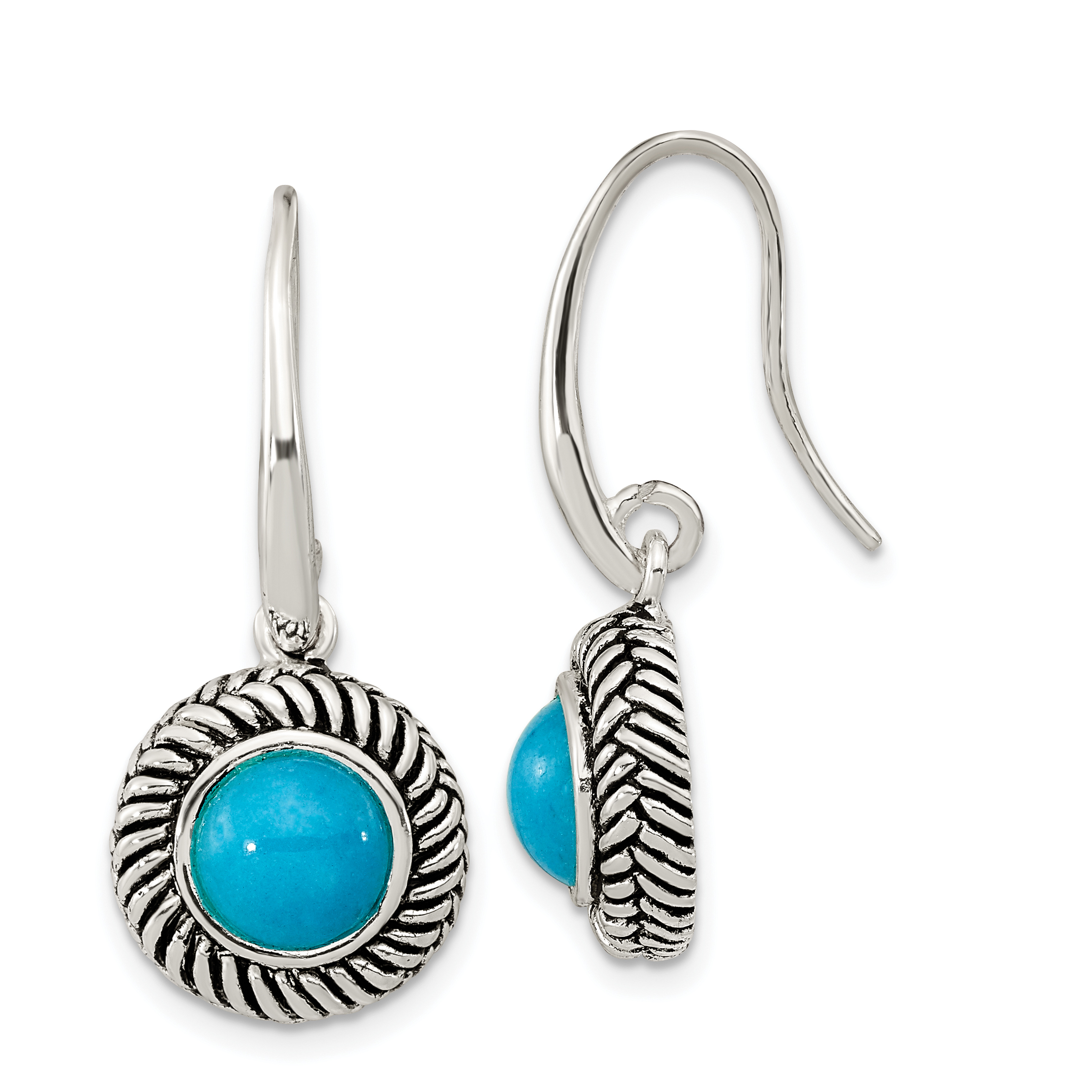 Sterling Silver Polished & Antiqued Imitation Turquoise Dangle Earrings (QE15665)