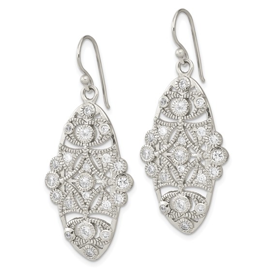Sterling Silver Polished Fancy CZ Dangle Shephard Hook Earrings