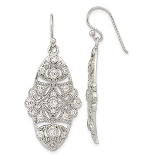 Sterling Silver Polished Fancy CZ Dangle Shephard Hook Earrings