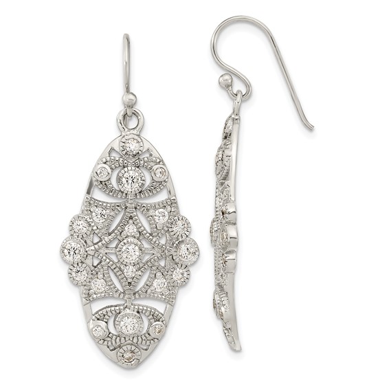 Sterling Silver Polished Fancy CZ Dangle Shephard Hook Earrings