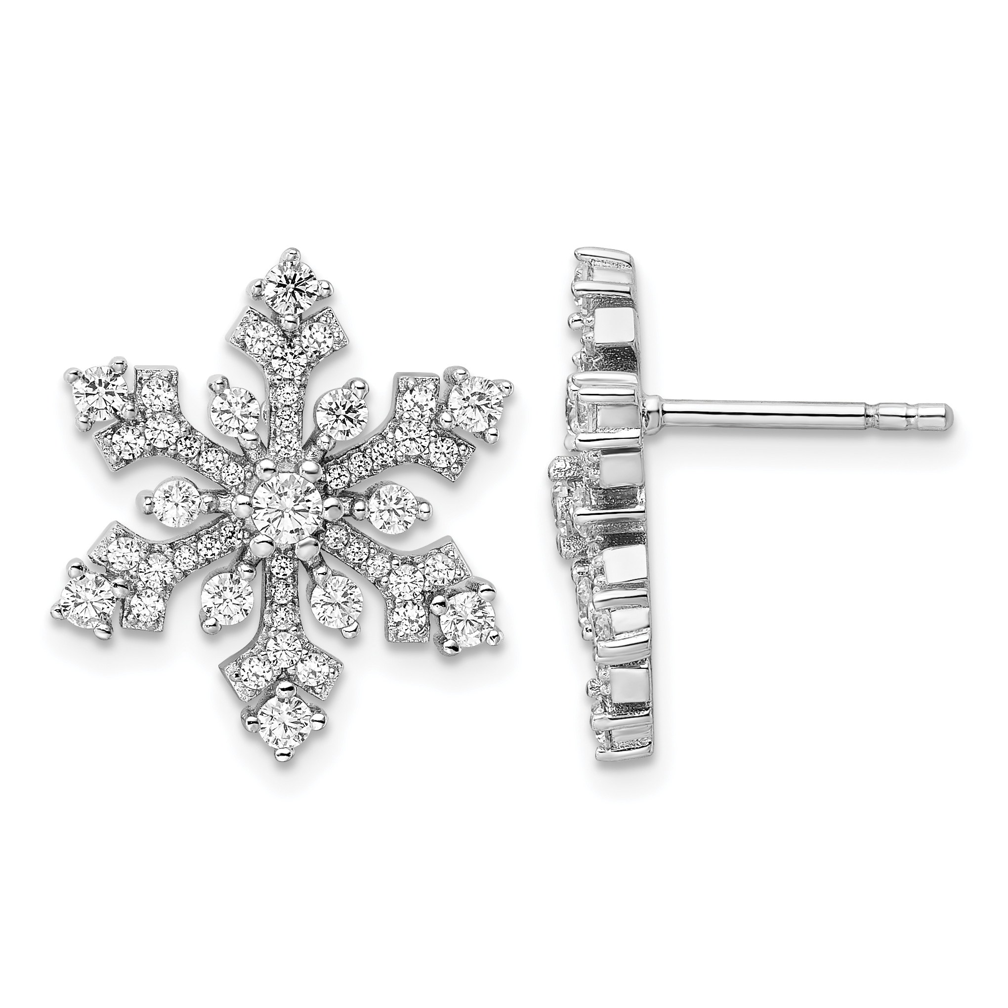 Sterling Silver Rhodium-plated CZ Snowflake Post Earrings (QE15679)