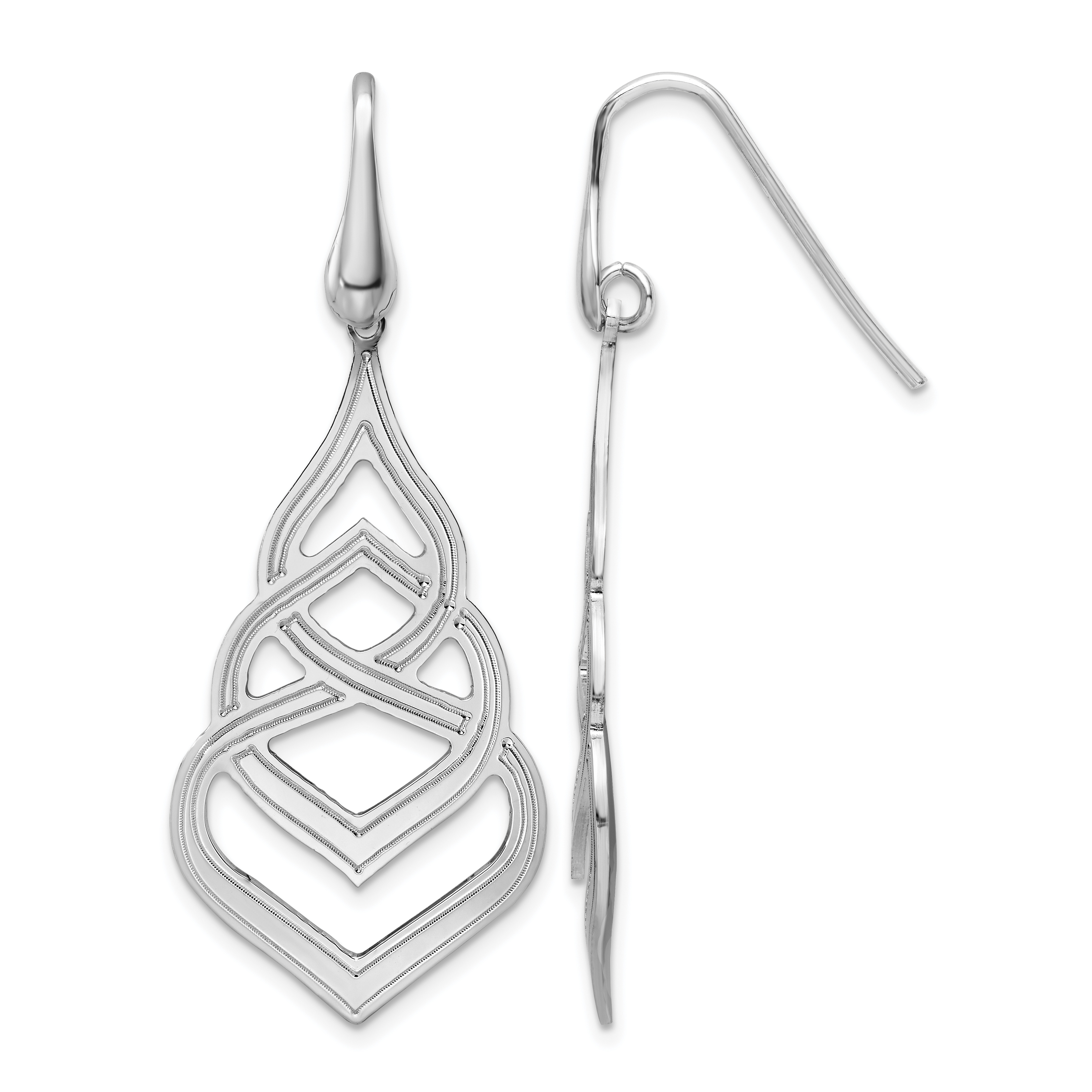 Sterling Silver Rhod. Polished Grooved Fancy Drop Dangle Earrings (QE15689)