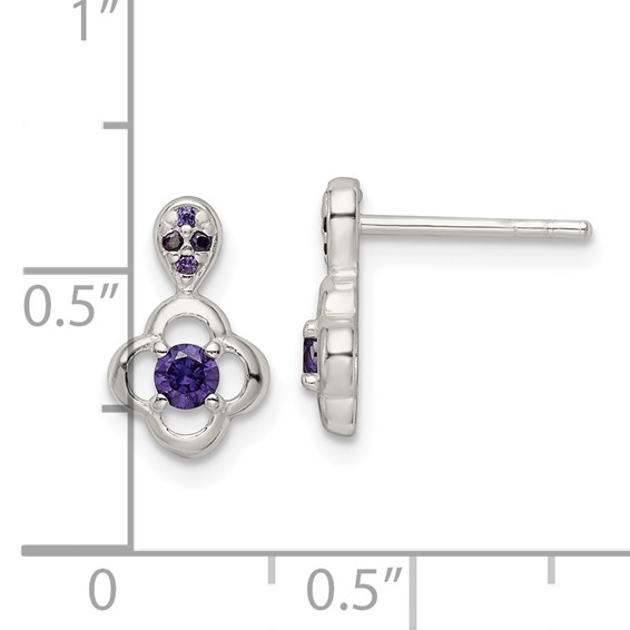 Sterling Silver Polished Purple CZ Flower Post Dangle Earrings
