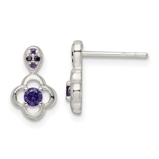 Sterling Silver Polished Purple CZ Flower Post Dangle Earrings
