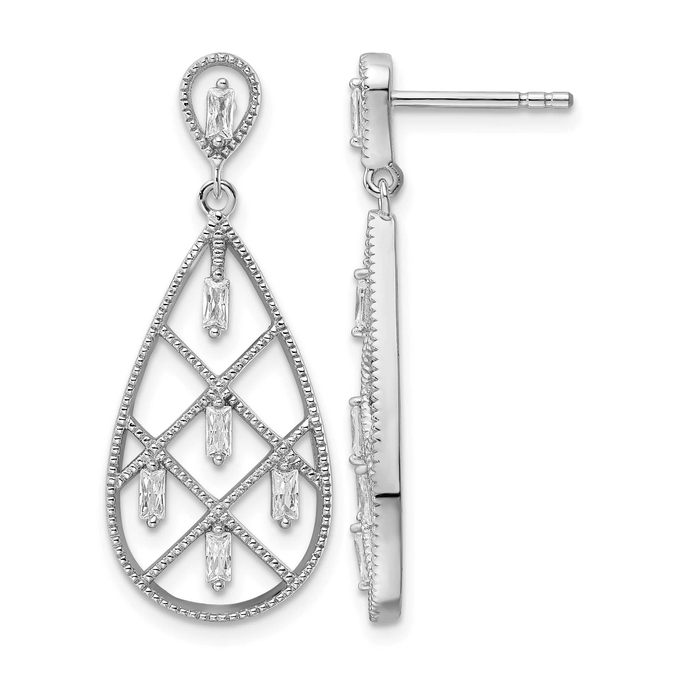 Sterling Silver Rhodium-plated Baguette CZ Teardrop Post Earrings (QE15701)