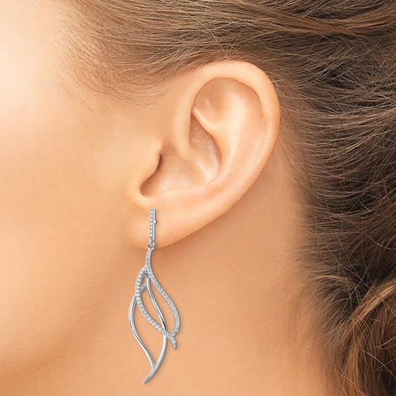 Sterling Silver Rhodium-plated CZ Dangle Leaf Earrings