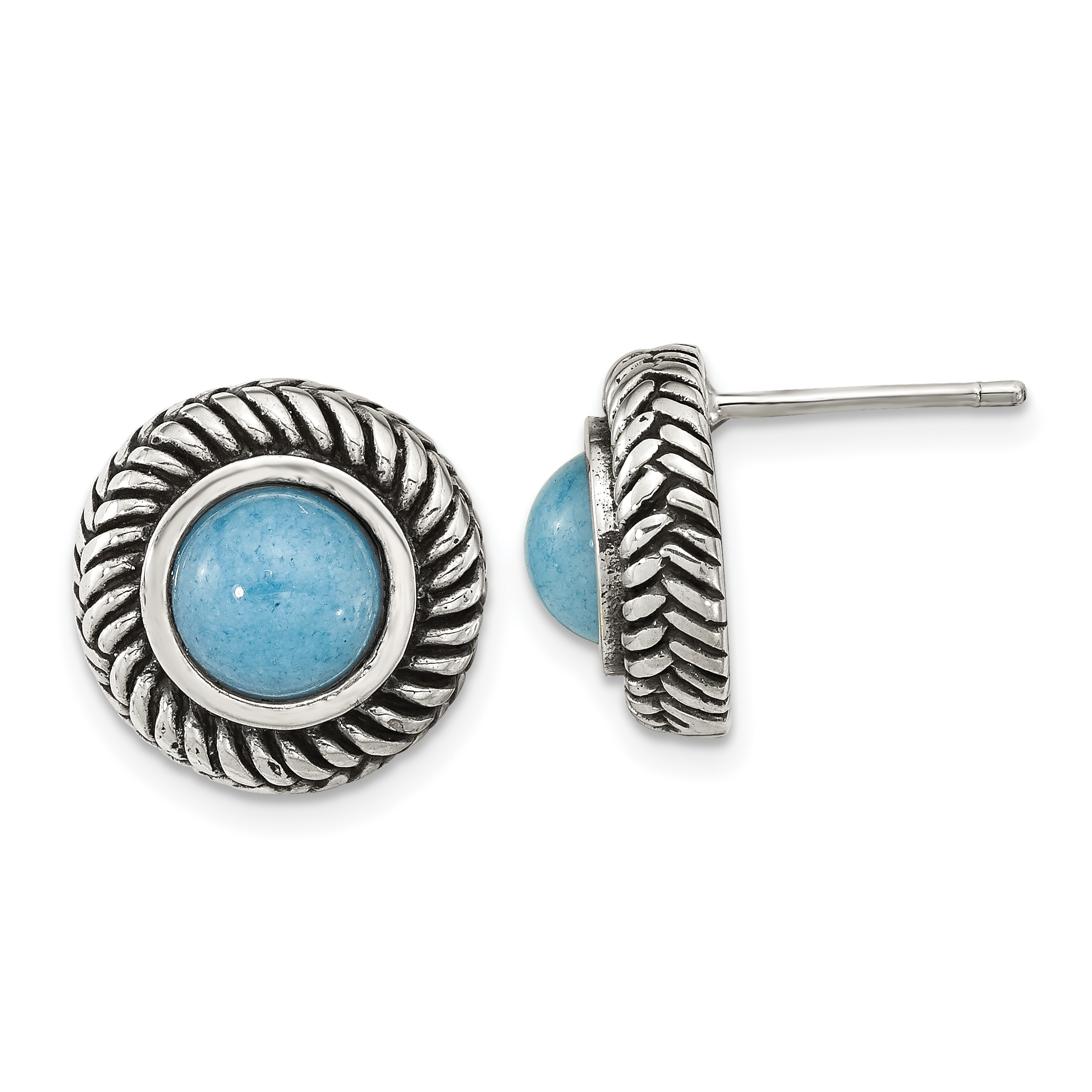 Sterling Silver Polished & Antiqued Imitation Turquoise Circle Post Earring (QE15704)
