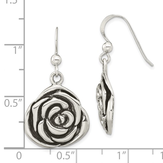 Sterling Silver Polished Antiqued Rose Dangle Earrings