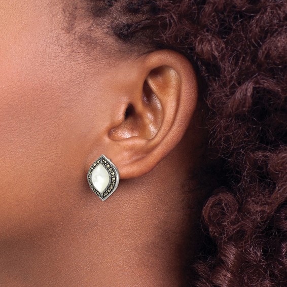 Sterling Silver Antiqued Marcasite & MOP Post Earrings