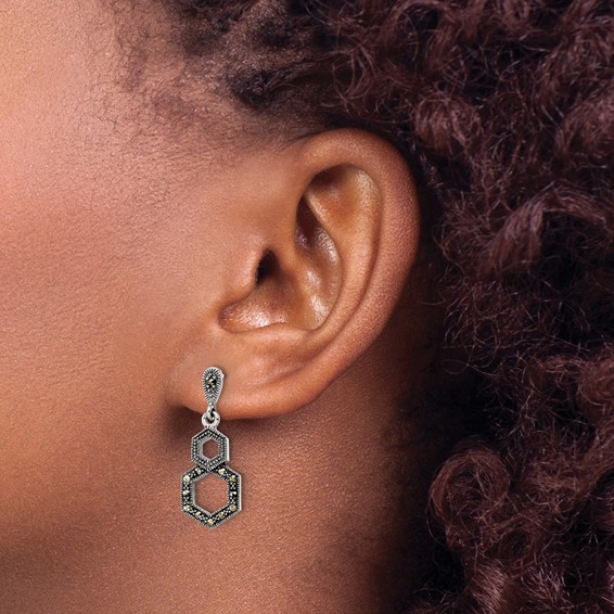 Sterling Silver Antiqued Marcasite Hexagon Post Dangle Earrings