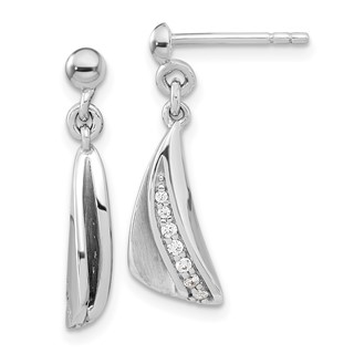 Sterling Silver RH-plated Brushed & Polished CZ Dangle Post Earrings