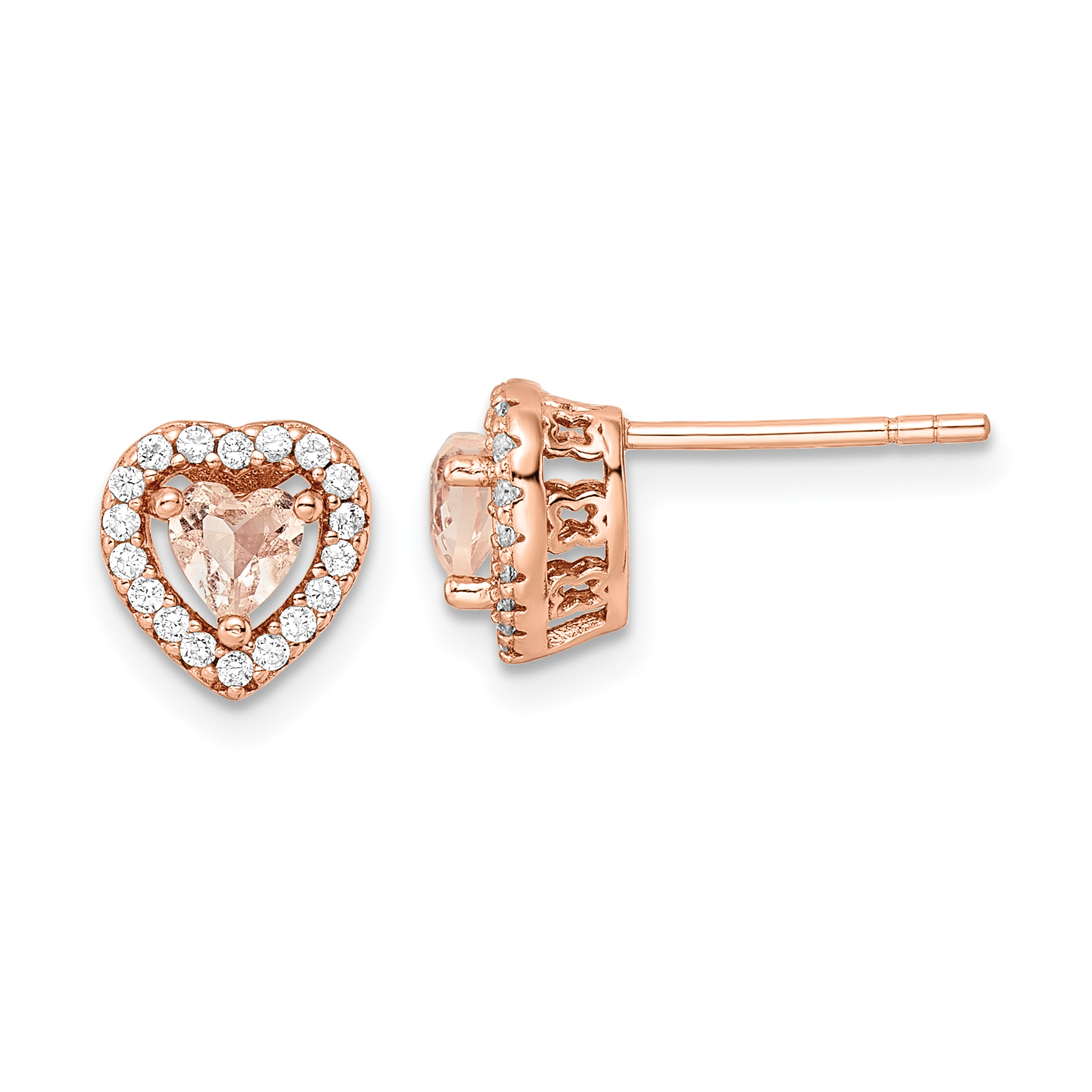 Sterling Silver Rose-tone Polished Pink & White CZ Heart Post Earrings (QE15728)