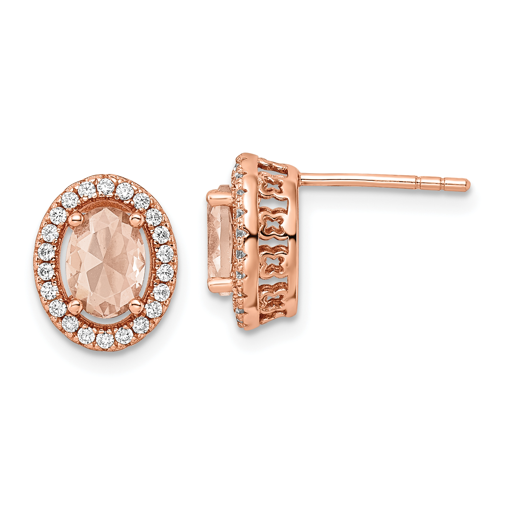 Sterling Silver Rose-tone Polished Pink & White CZ Oval Post Earrings (QE15729)