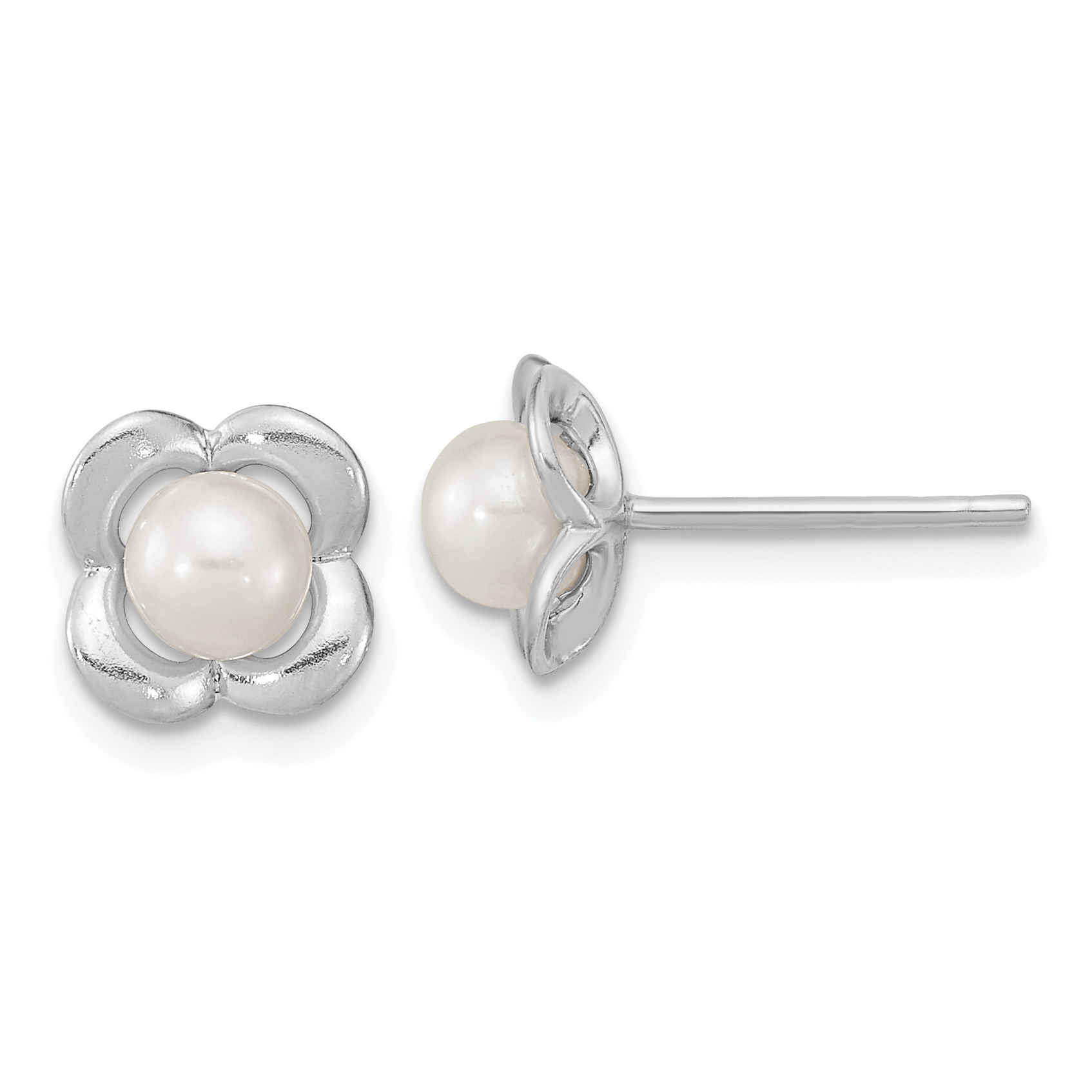 Sterling Silver RH-plated Polished FWC Pearl Flower Post Earrings (QE15731)