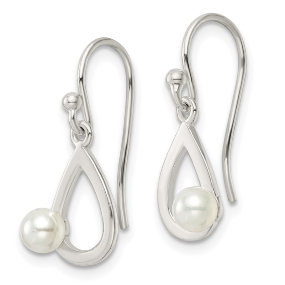 Sterling Silver Polished Teardrop w/ Imitation Pearl Shepherd Hook Earrings