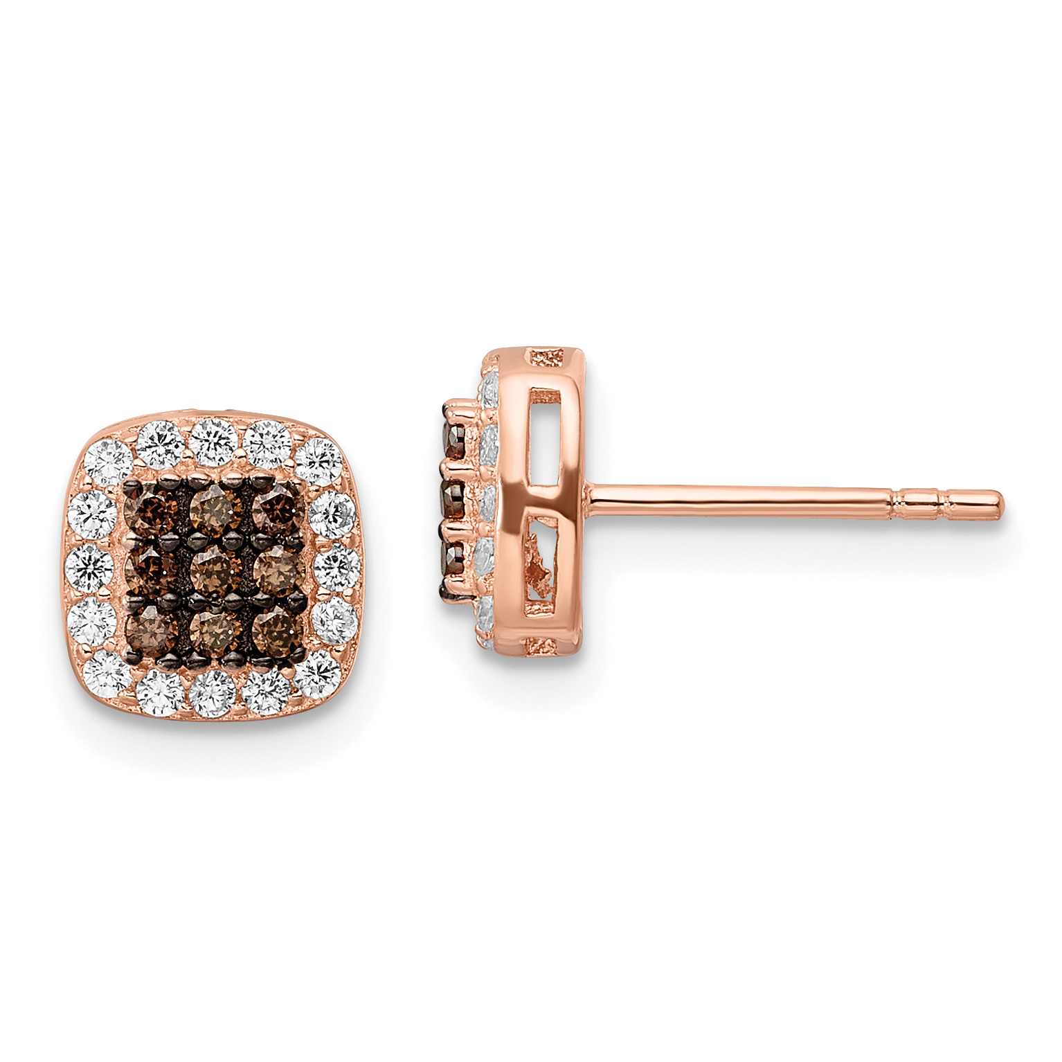 Sterling Silver Rose-tone Blk Rhodium-plate Fancy CZ Square Post Earrings (QE15736)