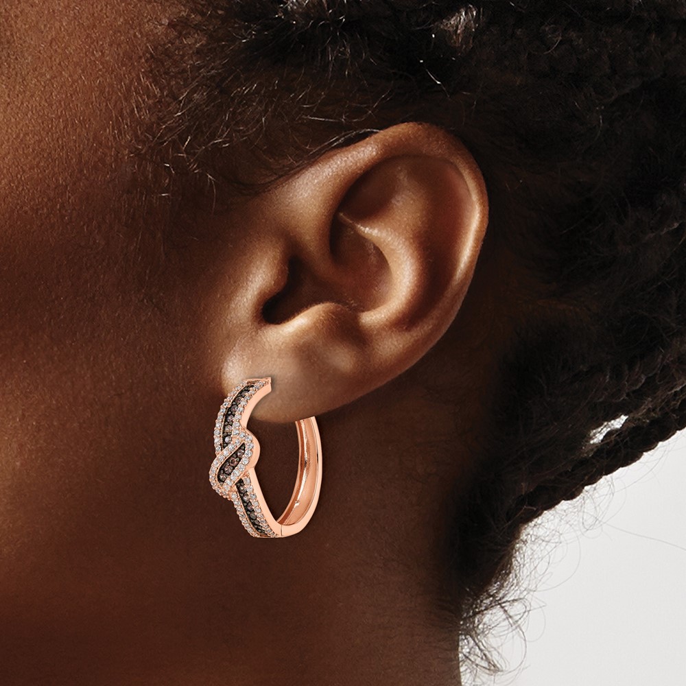 Sterling Silver Rose-tone Blk Rhodium-plate CZ Fancy Hinged Hoop Earrings (QE15740)