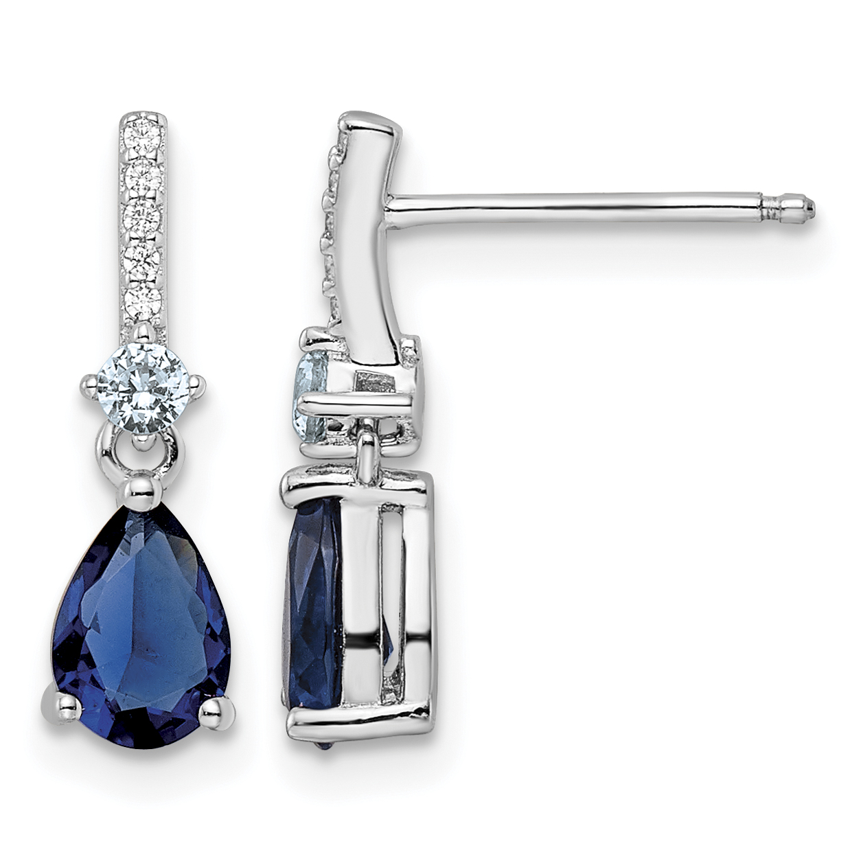 Sterling Silver Rhodium-plated CZ and Blue Glass Post Dangle Earrings (QE15742)