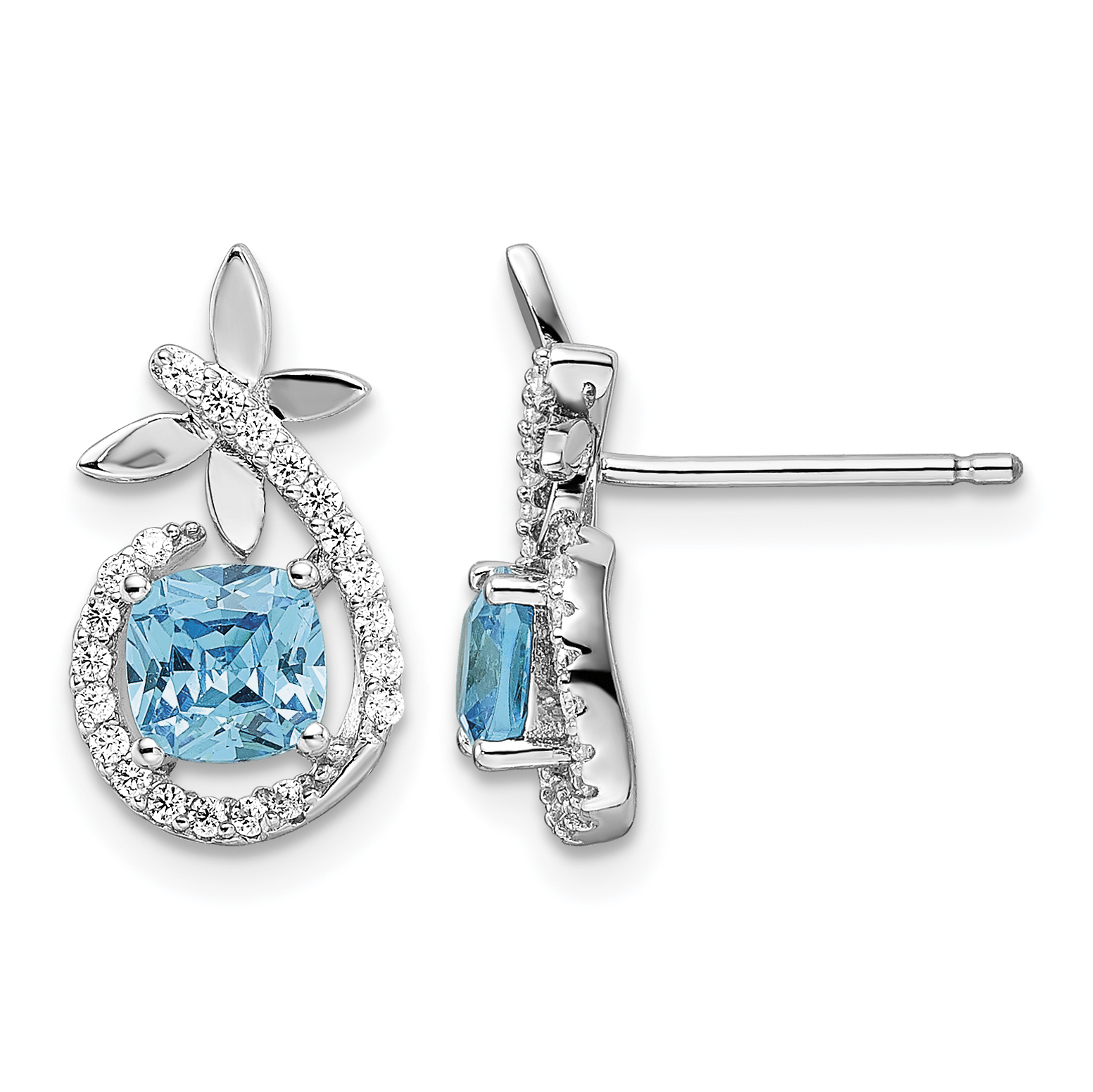 Sterling Silver Rhodium plated Blue & White CZ  Butterfly Post Earrings (QE15743)