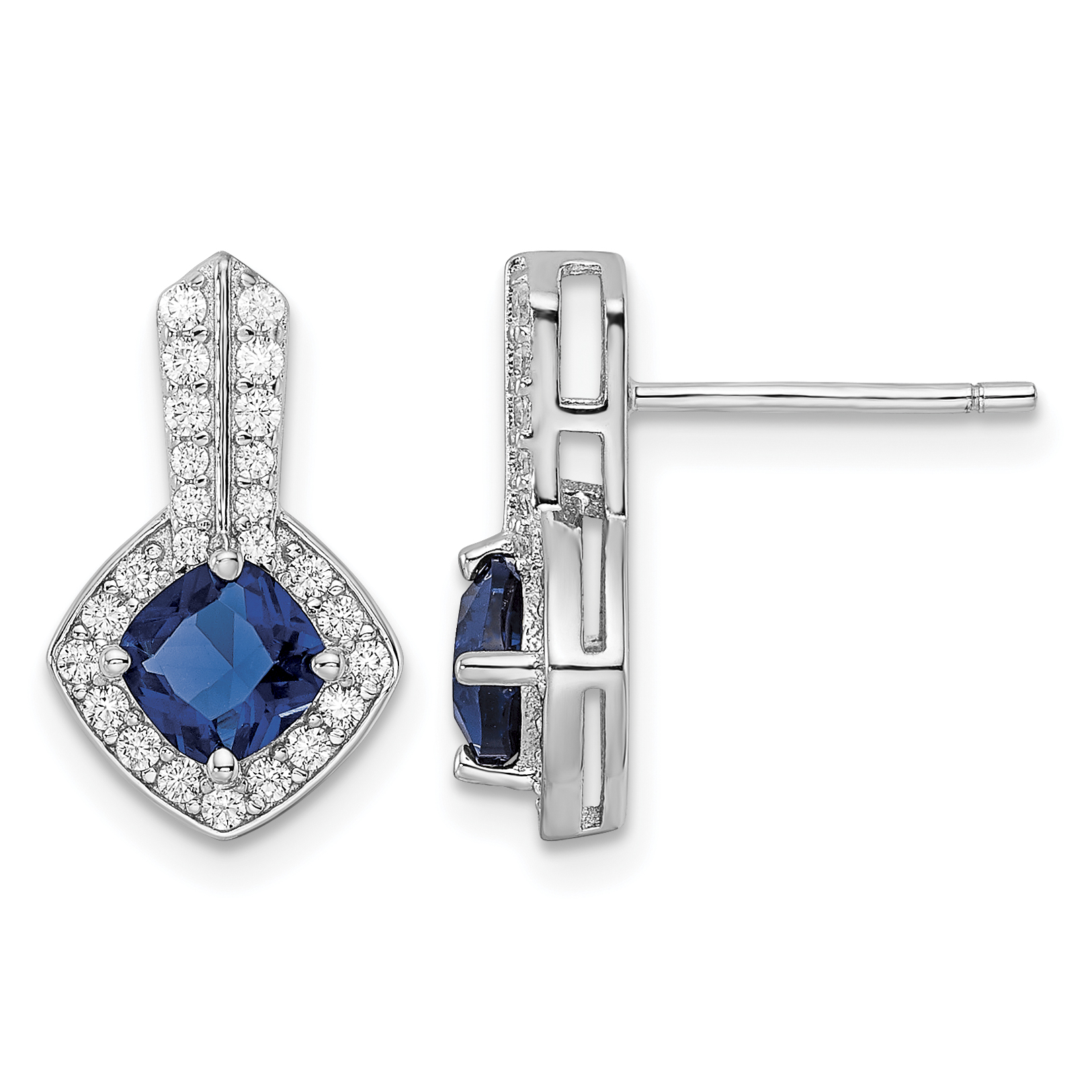 Sterling Silver Rhodium-plated CZ and Blue Glass Post Earrings (QE15745)