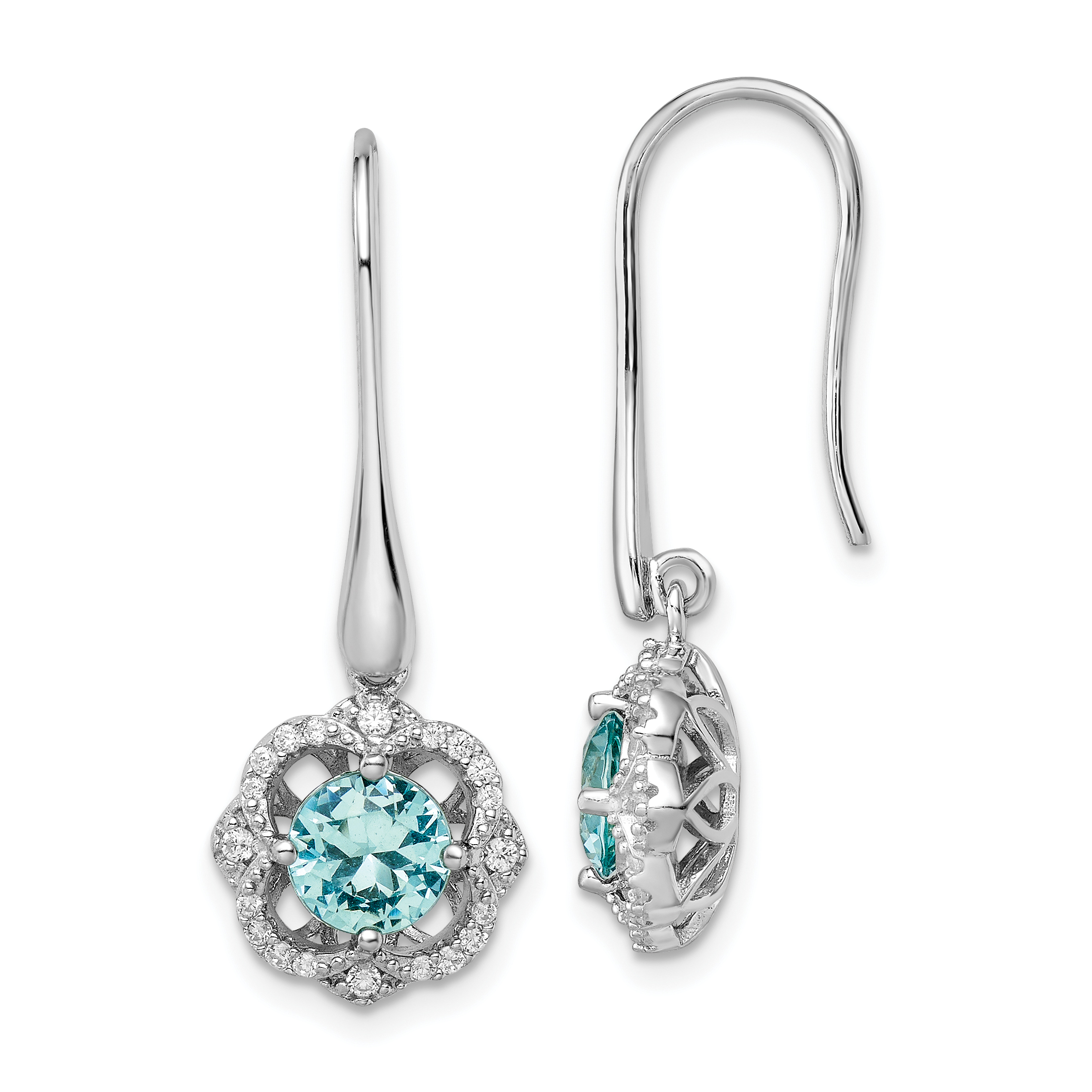Sterling Silver Rhodium plated Aqua & White CZ Dangle Earrings (QE15748)