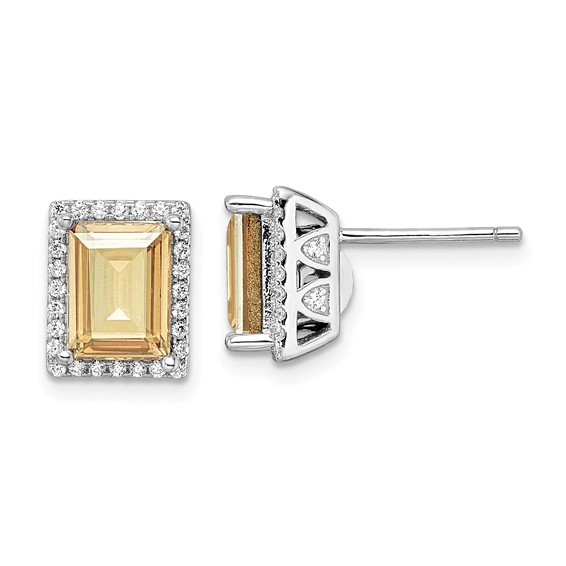 Sterling Silver Rhodium-plated CZ and Yellow Crystal Post Earrings