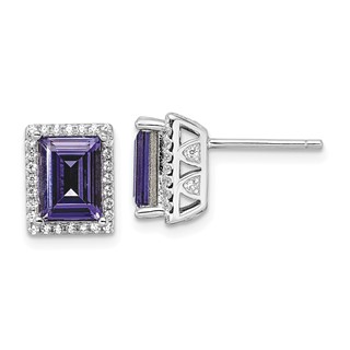 Sterling Silver Rhodium-plated CZ & Purple Crystal Post Earrings