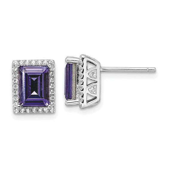 Sterling Silver Rhodium-plated CZ & Purple Crystal Post Earrings