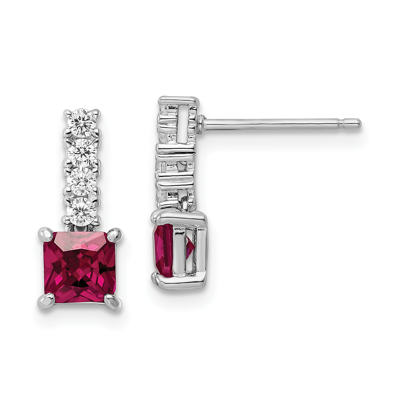 Sterling Silver Rhodium-plated Created Ruby and CZ Post Dangle Earrings (QE15755)