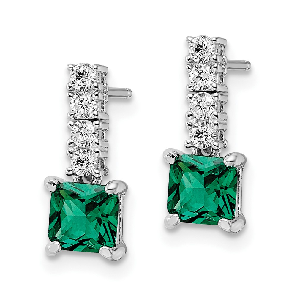 Sterling Silver Polished Rhodium-plated Green/Clear CZ Post Dangle Earrings (QE15757)