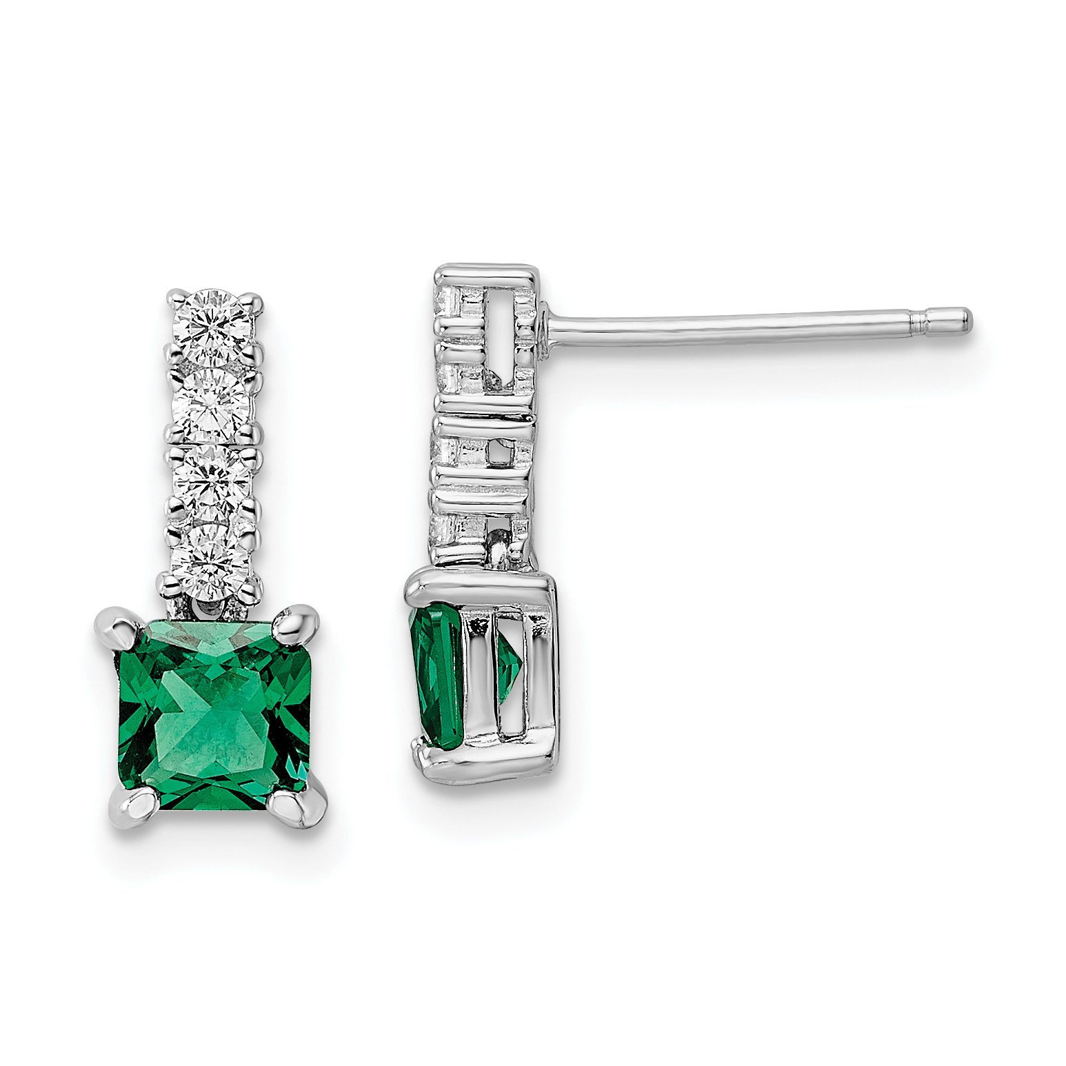 Sterling Silver Polished Rhodium-plated Green/Clear CZ Post Dangle Earrings (QE15757)