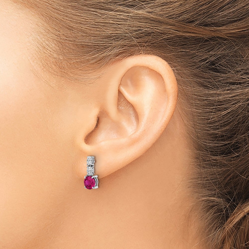Sterling Silver Rhodium-plated Created Ruby and CZ Post Dangle Earrings (QE15758)
