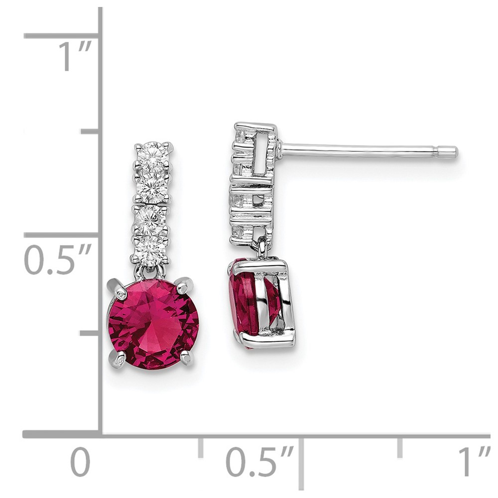 Sterling Silver Rhodium-plated Created Ruby and CZ Post Dangle Earrings (QE15758)