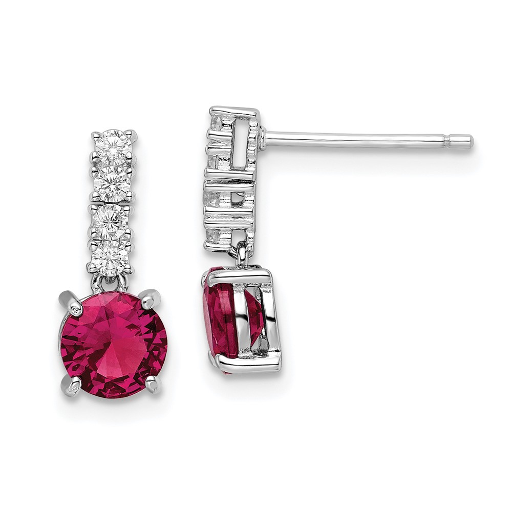 Sterling Silver Rhodium-plated Created Ruby and CZ Post Dangle Earrings (QE15758)