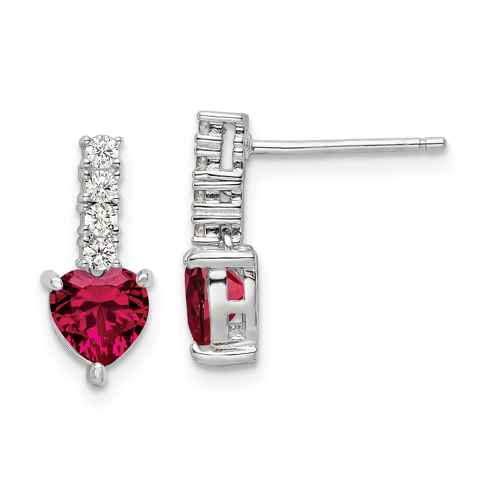 Sterling Silver Polish Rhod-plated Created Ruby Heart Post Dangle Earrings (QE15761)