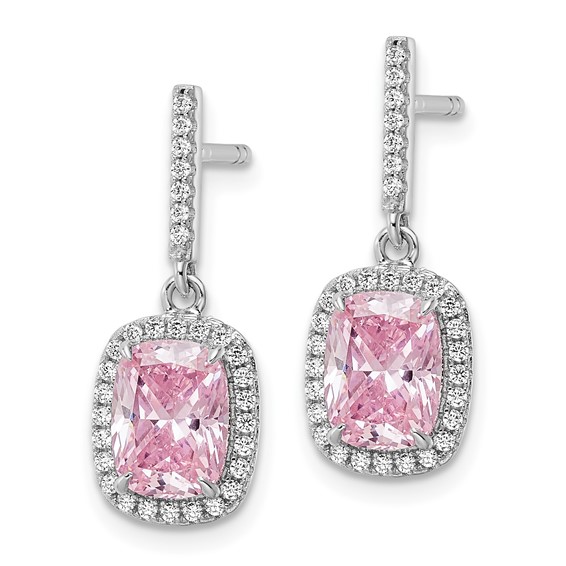 Sterling Silver Rhodium-plated Pink & White CZ Dangle Post Earrings