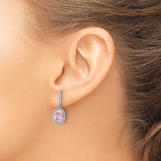 Sterling Silver Rhodium-plated Pink & White CZ Dangle Post Earrings