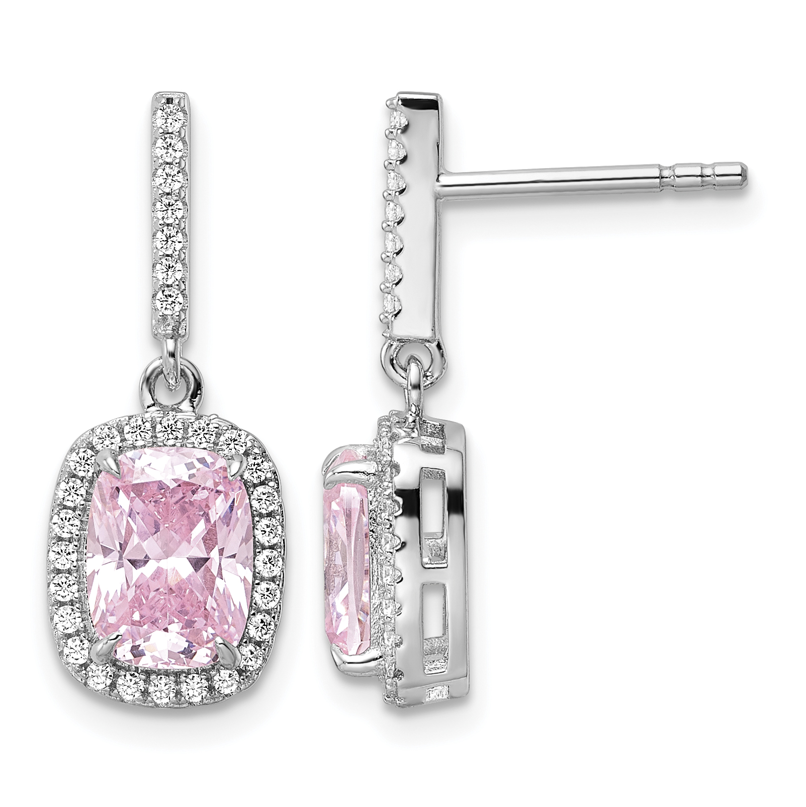 Sterling Silver Rhodium-plated Pink & White CZ Dangle Post Earrings (QE15764)